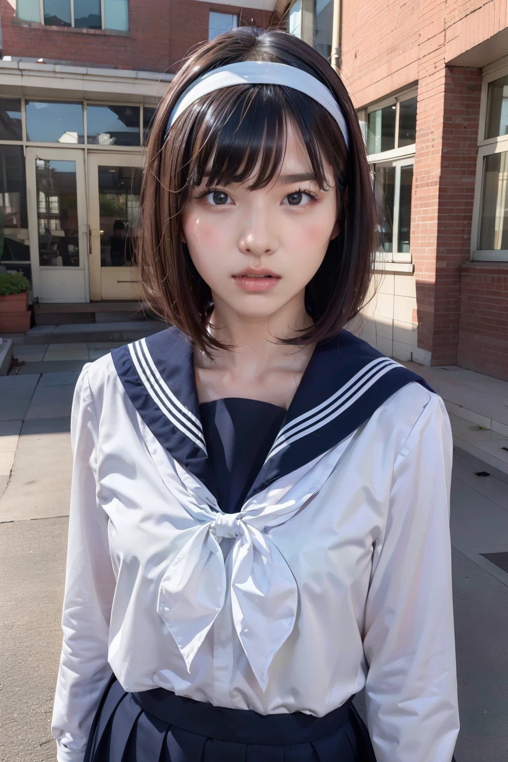 sailor suit, 8k, highest quality, masterpiece, Super detailed, ultra high resolution, realistic, RAW photo, absolute resolution, face is small compared to body, very small face, black hair, navy blue sailor uniform, Dark blue skirt, 3D rendering, realistic young school girl, (white headband:1.4), small breasts, expensive, slanted eyes, (school scenery), open your mouth, bob cut, Long Skirt, looking at the camera,