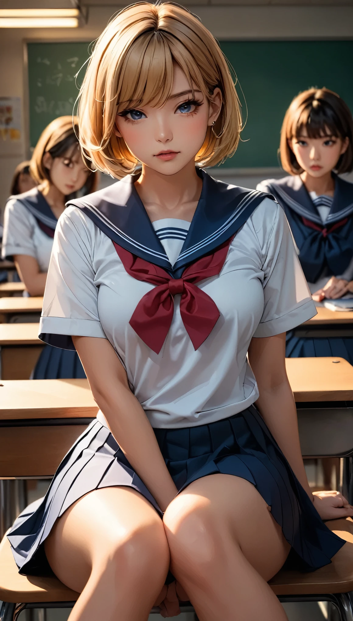 Browsing Caution, Browsing Caution:1.2, Sailor suitを着た女性、Highly detailed portrait, Cinema Lighting, Dramatic atmosphere, High Contrast, Cool colors, Sharp focus, Chiaroscuro, Stoic expression, Sharp eyes, ((Sailor suit, Sailor suitは透けない)), Pleated skirt, Beautiful textures, Intricate details, Short Bob, Strong jawline, Fat face, Open your mouth:1.2, Sexually depraved women:1.2, Sit with your legs apart, Lace panties, Classroom Background, School supplies, rough, strict, Fascinating, Obscene presence.