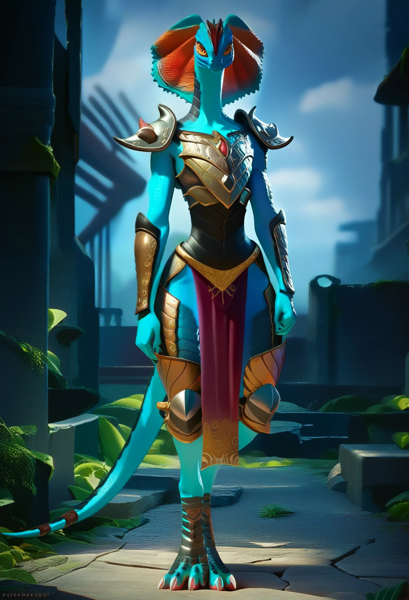score_9, score_8_up, score_7_up, score_6_up, score_5_up, score_4_up, source_furry, detailed background, 1girl, solo, Lizard, scale, blue skin, tail, lizard eyes, armor, agressive stance, ruins