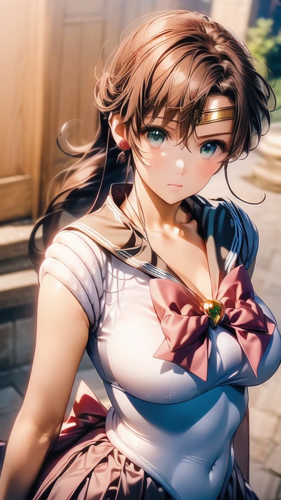 (Woman close up)、((Depict the whole body))、10 generations of women、Pink Lip Gloss、smile、blush、(Open the lipstick a little、High resolution、16K))、Medieval city、Perfect cosplay of Sailor Jupiter、Depict the whole body、One girl, solo, High resolution, Anatomically correct, Highest quality, 