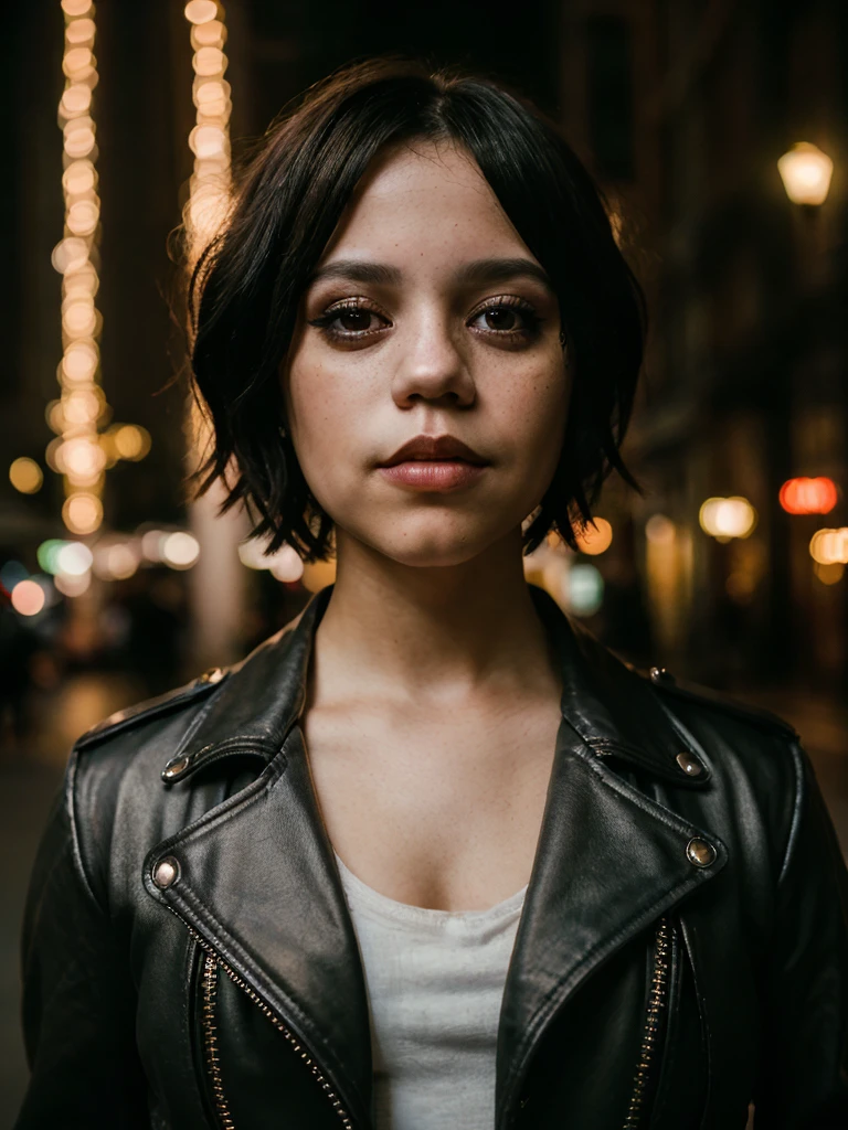 raw photo,(close-up),(masterpiece),(style dark fantasy), jortega,Short hair,makeup,city street,motorcycle club jacket,slim body,elf ears,night,dof,volumetric lighting,(film grain:1),add_detail,(rim lighting:1.1)