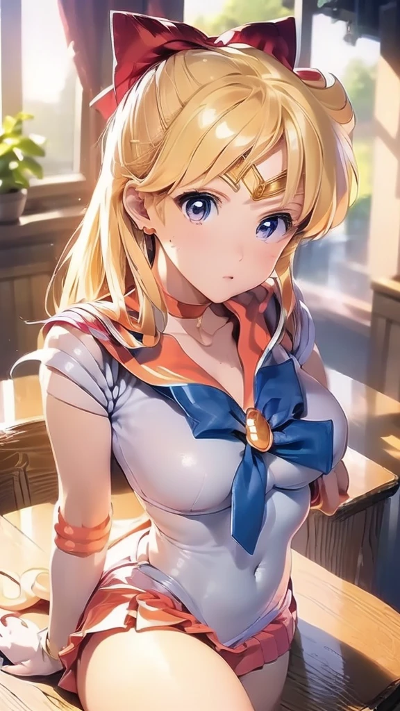 (Woman close up)、((A depiction of the whole body))、10 generations of women、Pink Lip Gloss、smile、blush、(Open the lipstick a little、High resolution、16K))、Medieval city、Perfect cosplay of Sailor Venus、One girl, solo, High resolution, Anatomically correct, Highest quality, 