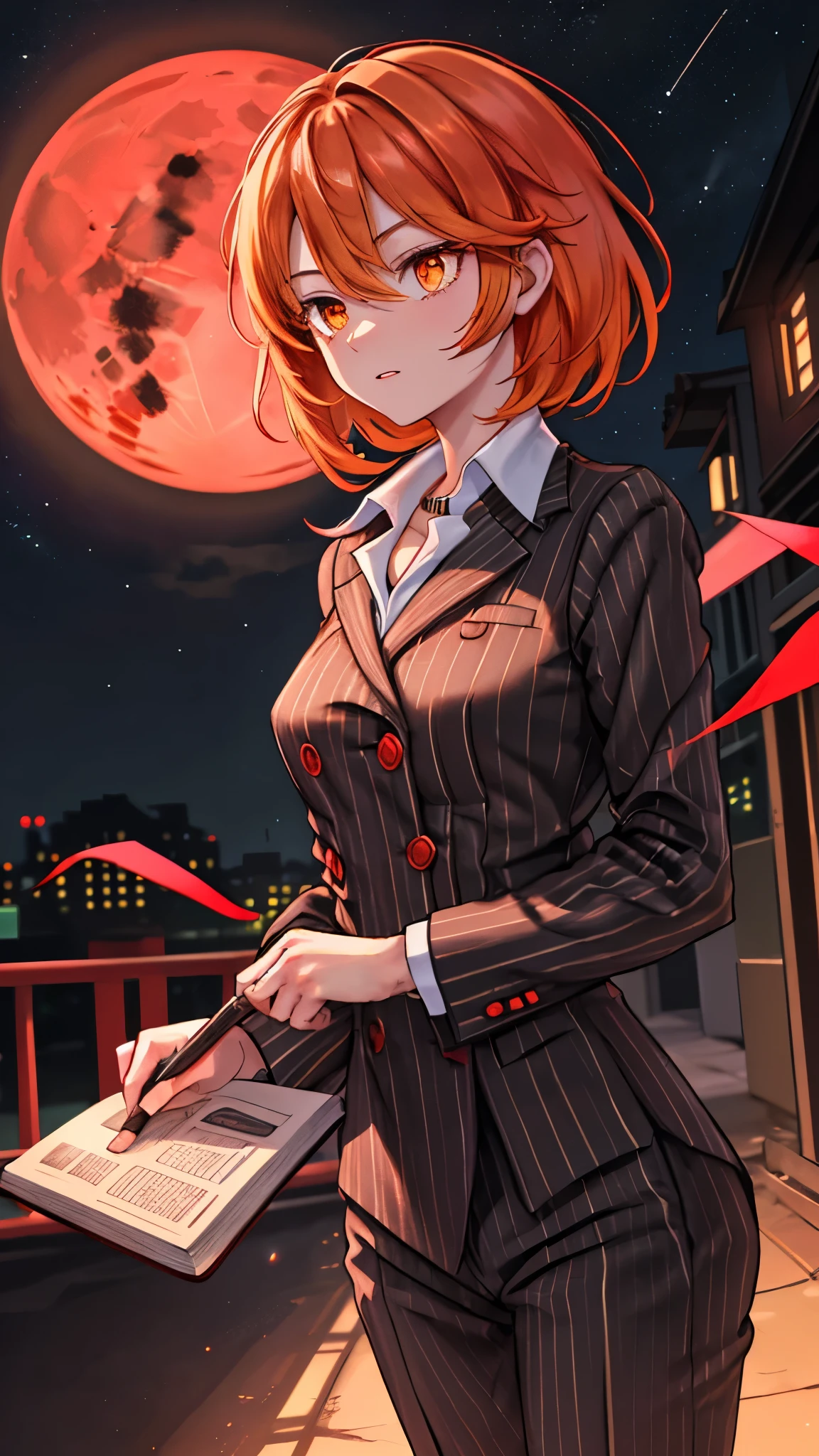 （（super high quality,））（（Ultra-high resolution,））（16K,）（super masterpiece,）（（Ultra HD ,））（Detailed shading,）Shooting from below,Upper body photo,One Woman,Short orange hair with bouncy tips,Black vertical striped suit and pants,A tight-collared white shirt with the second button undone,Open your legs a little,１Hold the red stick of the book with both hands,A firm expression,Aggressive,Sharp Eyes,Red moon night sky,Deserted Chinatown