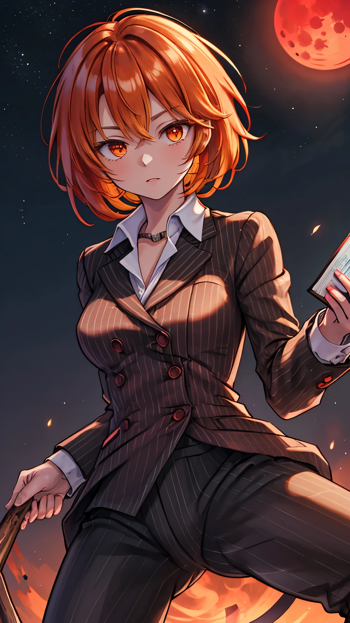 （（super high quality,））（（Ultra-high resolution,））（16K,）（super masterpiece,）（（Ultra HD ,））（Detailed shading,）Shooting from below,Upper body photo,One Woman,Short orange hair with bouncy tips,Black vertical striped suit and pants,A tight-collared white shirt with the second button undone,Open your legs a little,１Hold the red stick of the book with both hands,A firm expression,Aggressive,Sharp Eyes,Red moon night sky,Deserted Chinatown