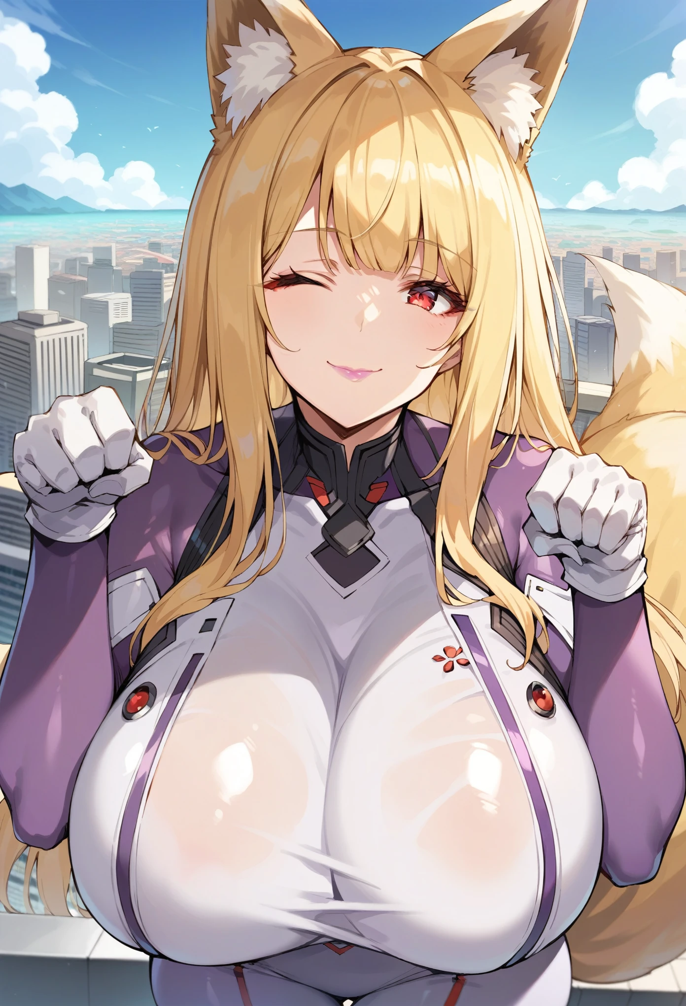 masterpiece, score_9, score_8_up, score_7_up, source_anime, best quality, extremely detailed, 1girl, milf, solo, monster girl, (kitsune:1.3), lucy, (huge breasts), ((((blonde hair), long hair, bangs, red eyes, fox ears, yellow, fox tail, one eye closed))), purple lips, (((dark purple plugsuit, white gloves))), ((light smile), closed mouth), ((motherly, paw pose, rooftop, futuristic cityscape))