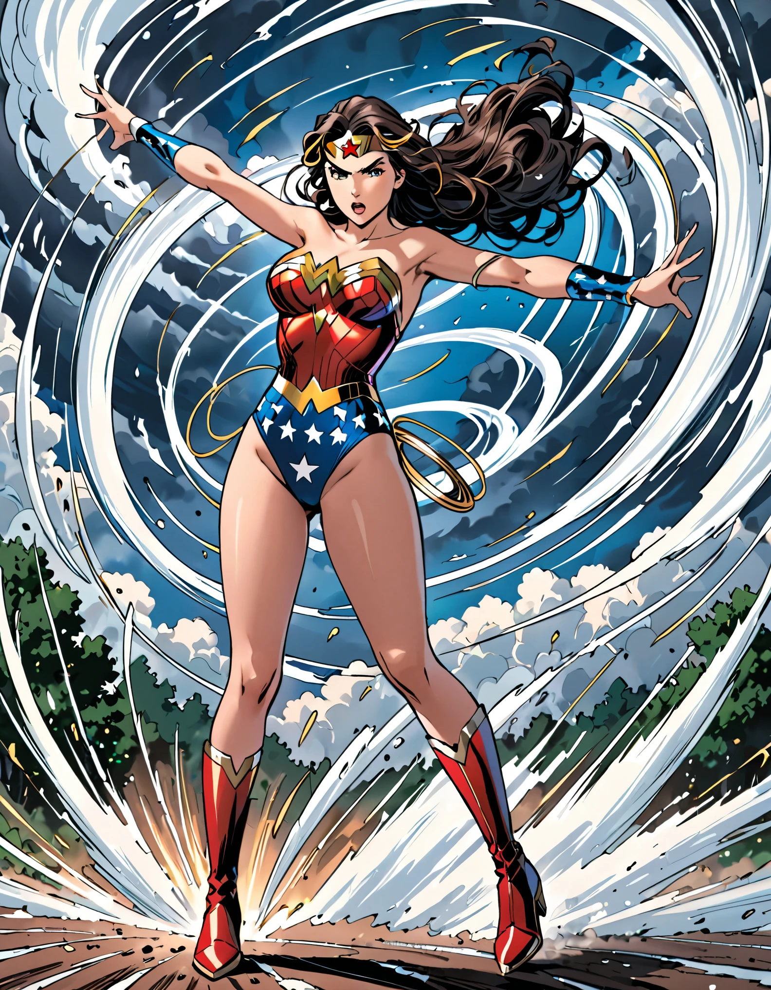 masterpiece, best quality, high res, Wonder Woman whirls into a tornado, she (cyclone spinning), she spins at super speeds, dynamic standing whirl pose, (leotard, bare legs, boots), fix hands