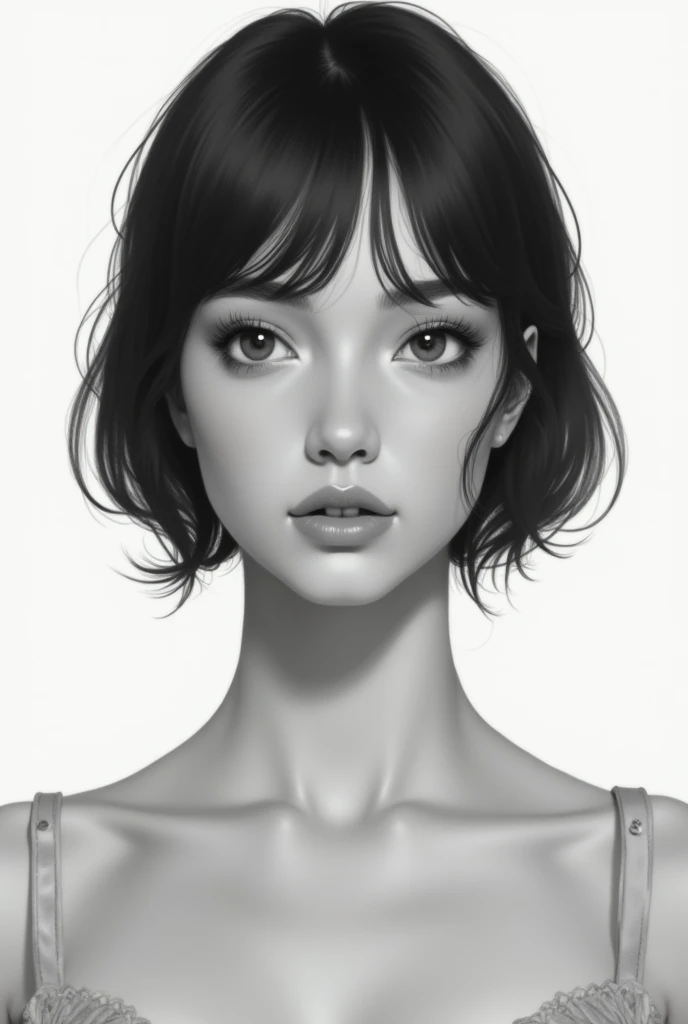 A small lady with medium-length black curly hair , round face big eyes thick eyebrows flat nose normal mouth average body fat a serious attitude white skin a full body image