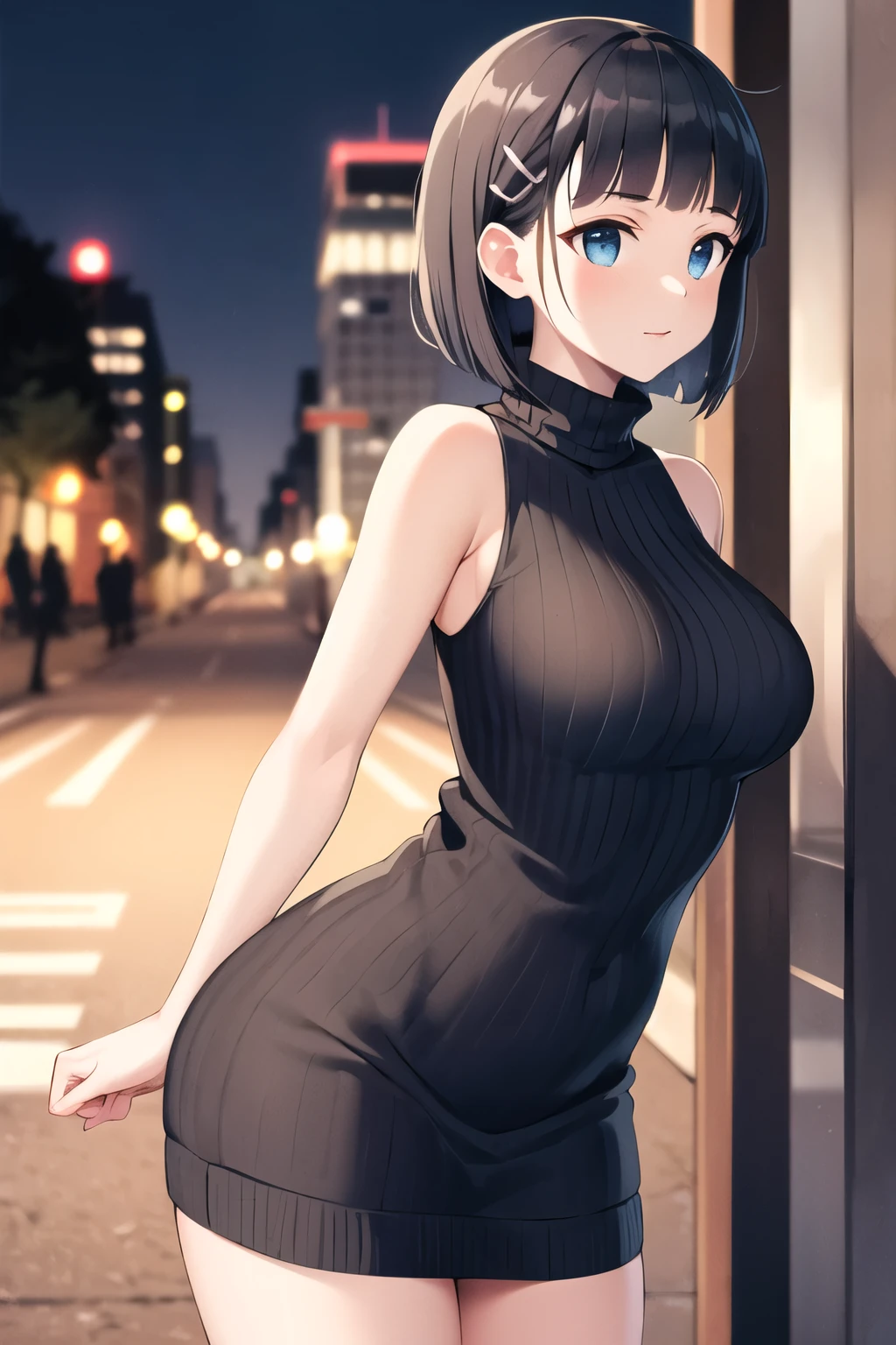 masterpiece, best quality, highres, aasugu, short hair, hairclip, large breasts, sweater dress, sleeveless, night, street, standing, cowboy shot,