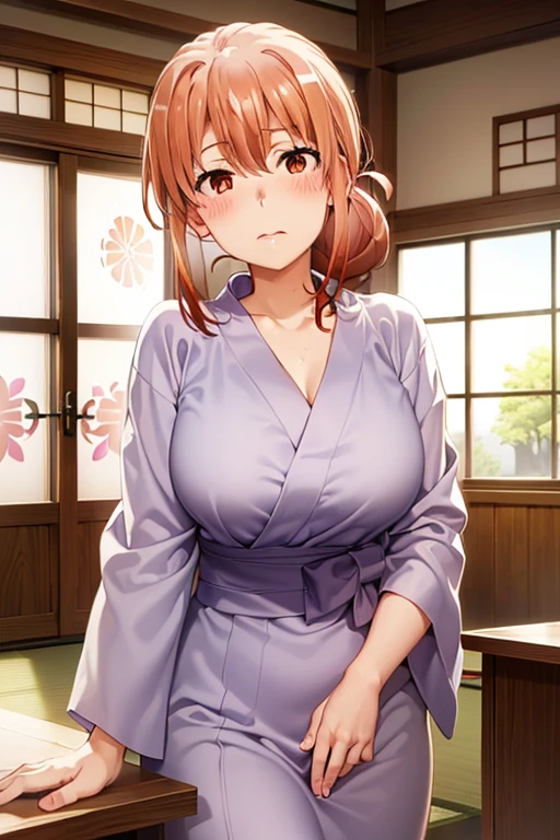 (hdr, highest resolution, best quality, beautiful, raw image, super detailed skin, perfect anatomy, nsfw, POV)), , ((1girl)), (orange hair), brown eyes , (half closed eyes:1.9) (blushing:1.6), ((( kiss approaches, closed eyes))), (slender), (large breasts), (naked:0.2), ((((light purple yukata )))) , standing, pigeon toed, ((open arms for viewer)), (( japanese style room, tatami, shoji window, daytime)), ((face focus)), upper body