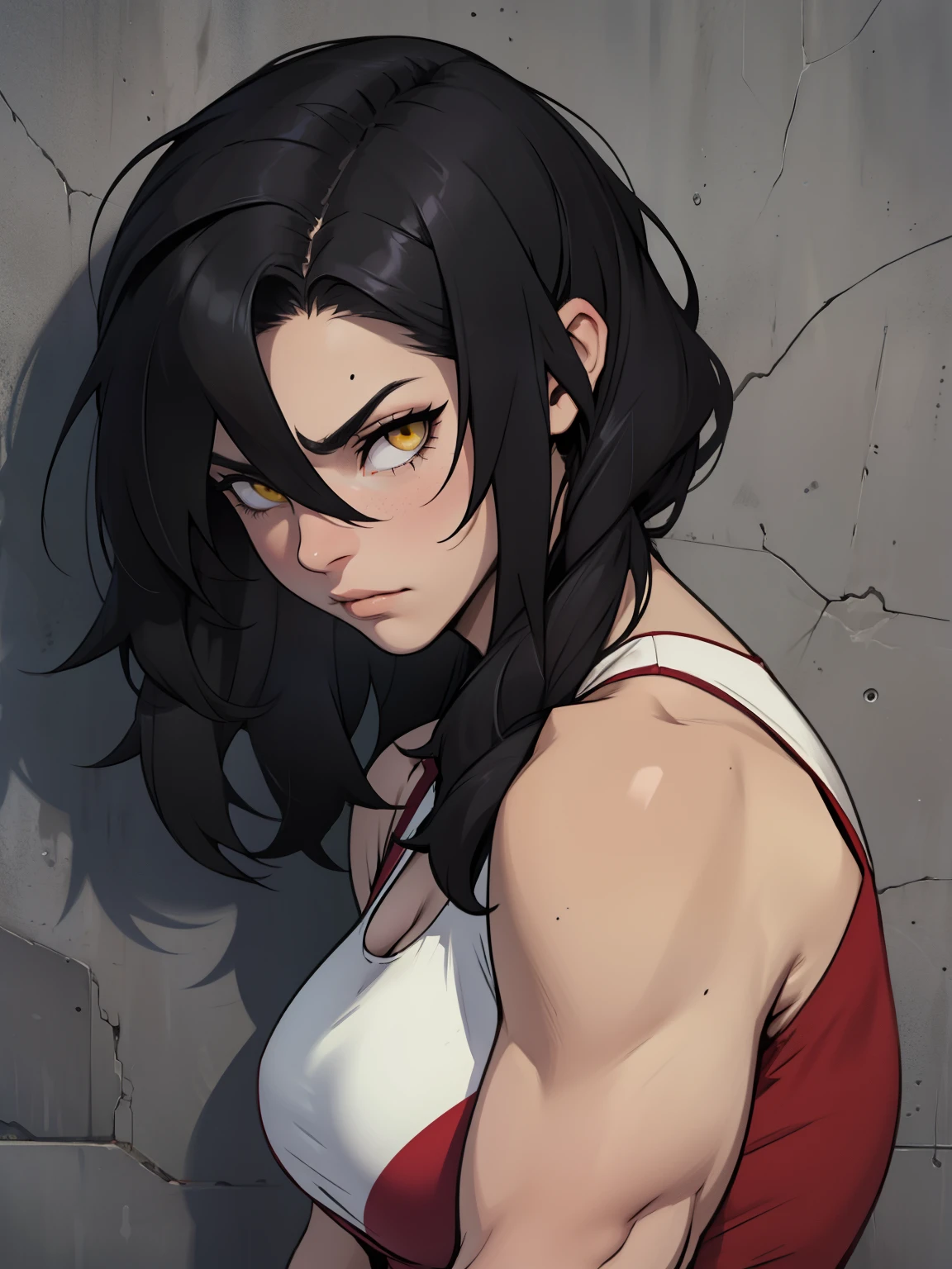 pale skin black hair yellow eyes muscular girl large breasts blush hair flaps crazy eyes crazy eyes crazy eyes 
