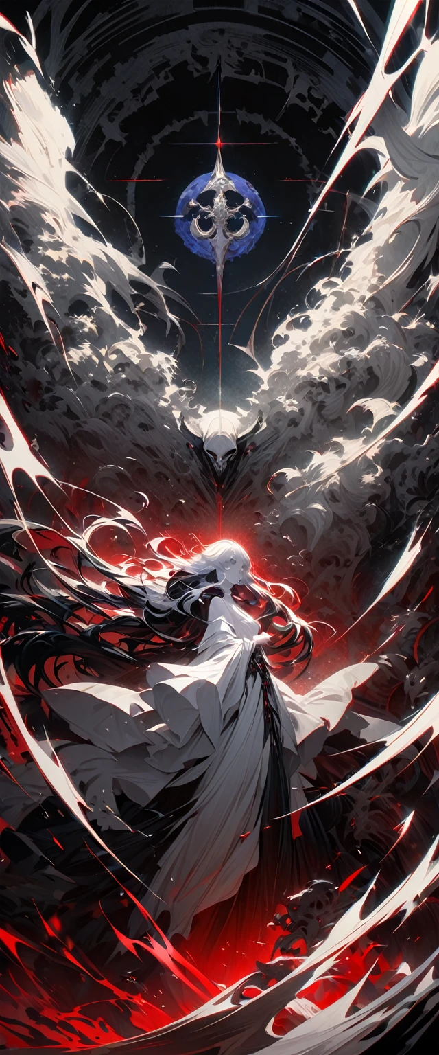 Fantasy-style illustration featuring a dramatic and intense scene. The layout is vertical, with a large, ethereal figure on the right side, draped in flowing white robes and possessing large, detailed wings. The figure has a serene, almost sorrowful expression, with pale skin and long, flowing hair. On the left side, Guts, the Black Swordsman, its massive blade glowing with a faint blue light. His face is partially obscured by his helmet, revealing a determined expression. The background is filled with swirling red mist and indistinct forms, adding to the chaotic and otherworldly atmosphere. The overall color palette is dominated by shades of red and white, creating a stark contrast between the two figures. At the bottom center, a circular logo bears the text 'Artvision1999' in a gothic font, subtly blending into the ominous environment.anatomically correct, super detail, high quality, 4K