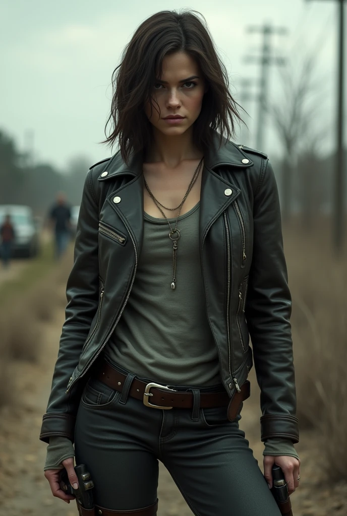 RAW photo, a close up portrait photo of milla in wastelander clothes, long haircut, leather jacket, pale skin, slim body, background is city ruins, (high detailed skin:1.2), 8k uhd, dslr, soft lighting, high quality, film grain, Fujifilm XT3<lora:Milla Jovovich v1.0:0.6>
