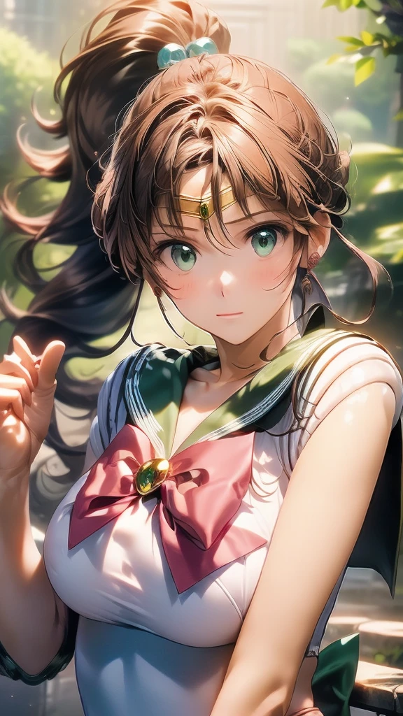 (Woman close up)、((Depict the whole body))、10 generations of women、Pink Lip Gloss、smile、blush、(Open the lipstick a little、High resolution、16K))、In the forest、Perfect cosplay of Sailor Jupiter、Depict the whole body、One girl, solo, High resolution, Anatomically correct, Highest quality, (((Depict from head to foot)))