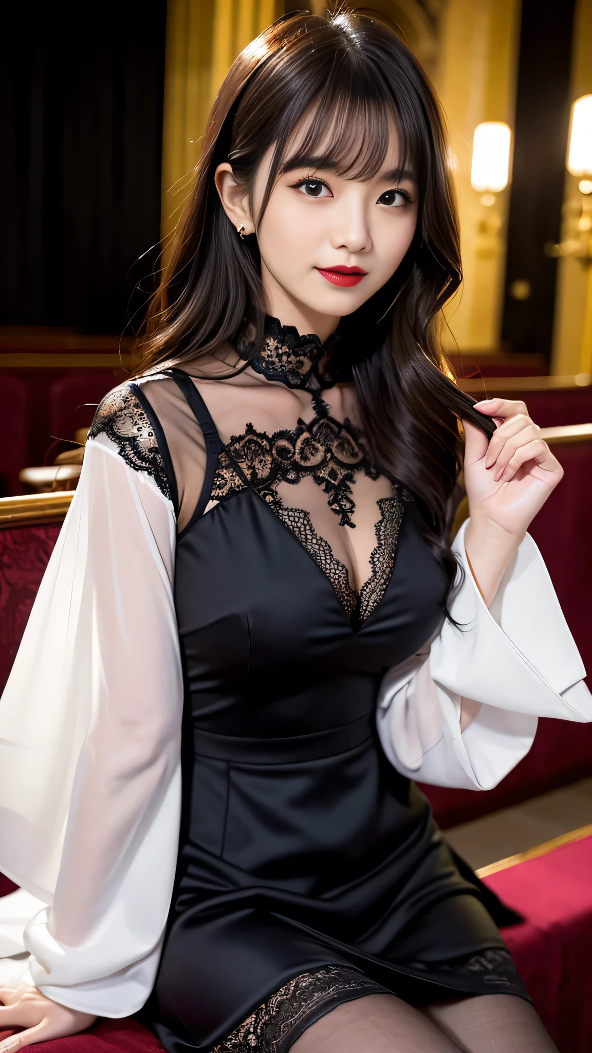 Super detailed、Japanese、charming beauty、seductive adult woman、Beautiful woman、sharp eyes、cool girl、wavy hair、suit、Black chiffon、lace fabric、wide sleeve、wearing a lace insert dress、white blouse、Tight Skirt、flesh colored pantyhose、Lustrous legs、evilの幹部、evil depravity、brainwashing、Mind control、lipstick、grin、evilな表情、evil、empty eyes、evil、church at night、vampire、evil woman、witch