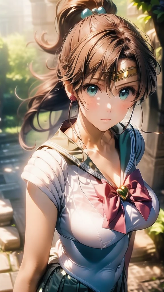 (Woman close up)、((Depict the whole body))、10 generations of women、Pink Lip Gloss、smile、blush、(Open the lipstick a little、High resolution、16K))、In the forest、Perfect cosplay of Sailor Jupiter、Depict the whole body、One girl, solo, High resolution, Anatomically correct, Highest quality, (((Depict from head to foot)))