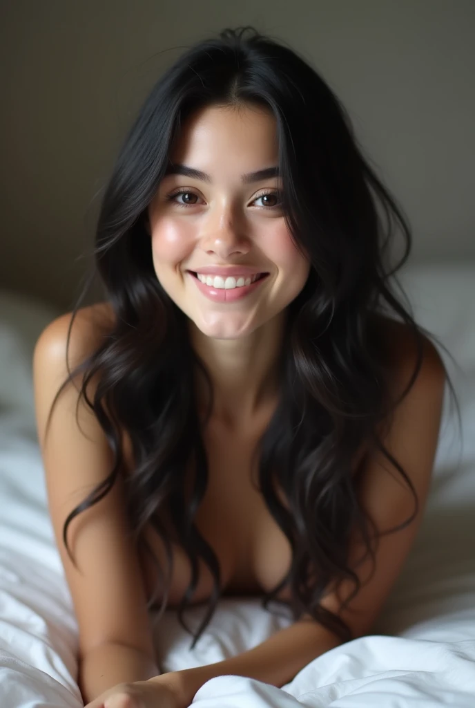 (photorealism:1.2), beautiful 15 year old girl Nepali , sitting on bed, naked with a ponytail smileing looking at penis