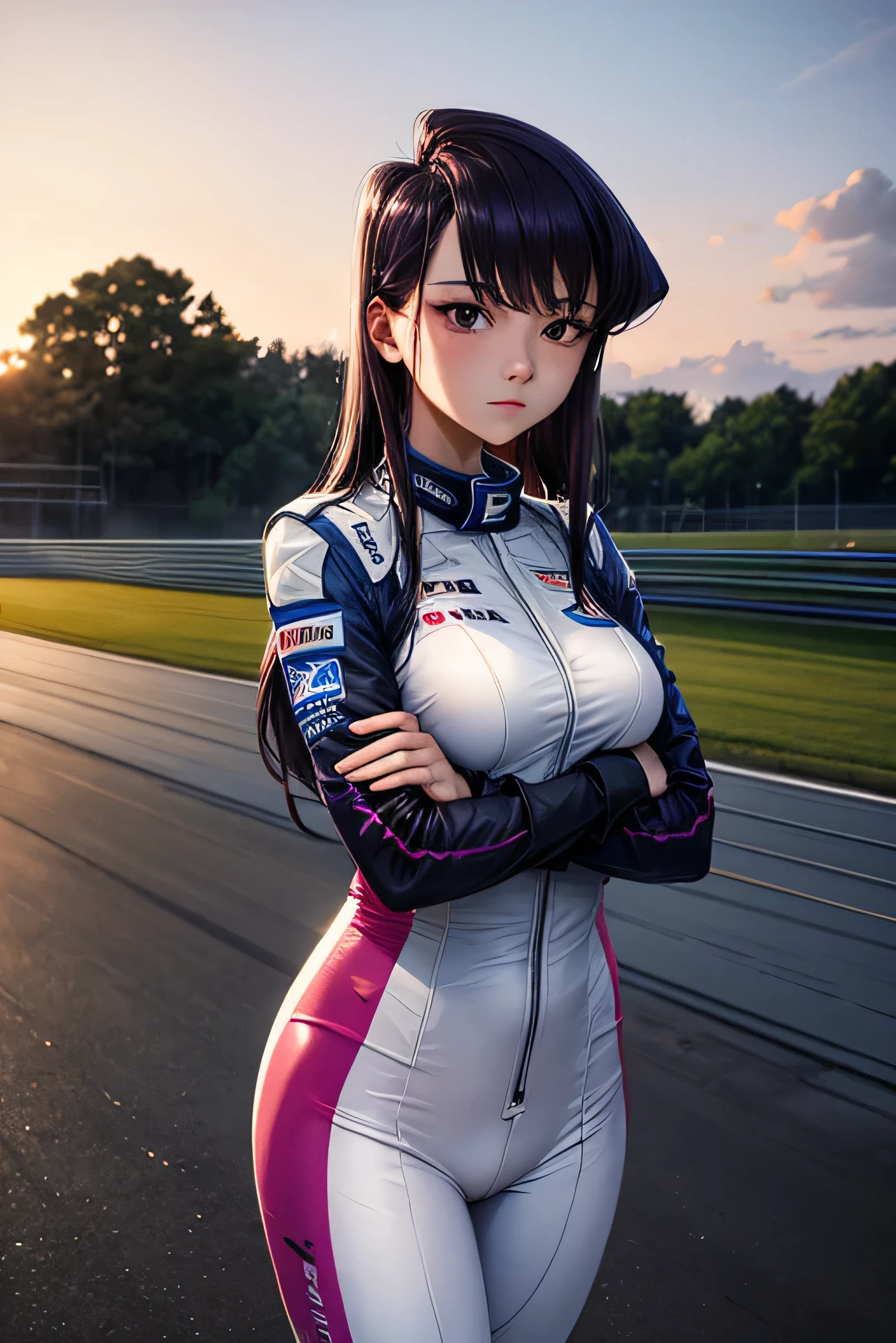 Female racer in white and blue racing suit stands in front of white and blue racing car　Dark Purple Hair　Komi Shouko　Monza Circuit　Standing with arms crossed　Portraiture　Portrait 　Sunset