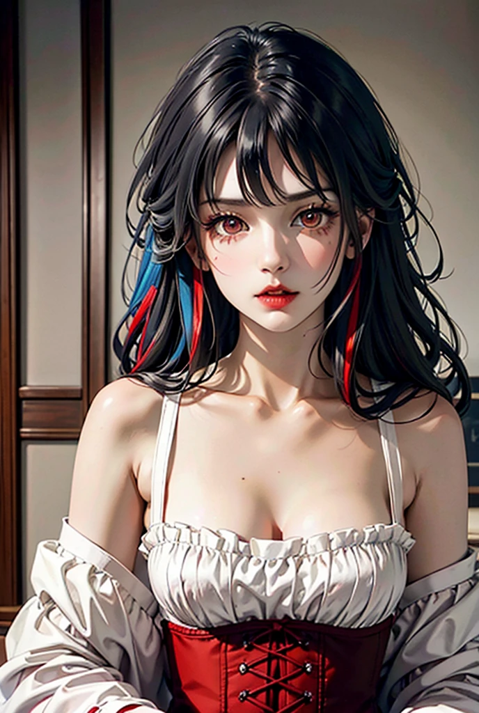 A girl with long black hair with white and red highlights, Similar to Daki, her breasts are medium-sized and her eyes are red., She has a red and white corset, and has a white skirt with red details, High resolution, detail, quality,HD Model, The best quality,