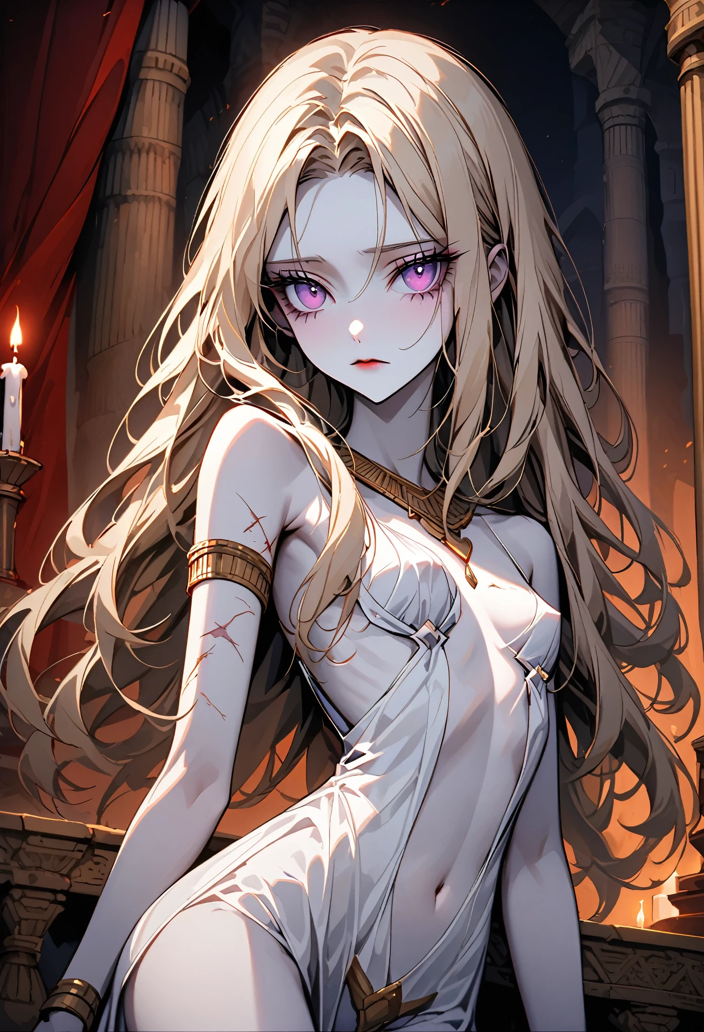 solo, female, sfw, medium shot, beautiful, young, slightly decayed, undead, subtle ethereal quality, long hair, silky hair, shimmering blonde hair, deep blue eyes, almost purple eyes, thick lashes, pale skin, flawless skin, faint scar, slender, graceful build,  frame, alluring, small breasts, pert breasts, narrow waist, juicy bottom, simple white gown that hugs her curves, egyptian, shy, curtains, night