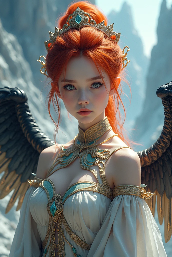 Cinematic film still of the most perfect divine goddess with a perfect face and orange curly hair and intricately detailed wings, ((glistening skin)),, analog style, glowing eyes, RAW photo, (beautiful), hyper real photo, ultrarealistic uhd faces, 8k uhd, dslr, soft lighting, high quality, film grain, Fujifilm XT3, photographed on a Canon EOS R5, 50mm lens, F/2.8, HDR, hyper-realistic, colorgraded, volumetric lighting, volumetric fog, moist, shallow depth of field, reflections, tiktok, instagram, modelshoot style, fullbody, ((ethereal)), (otherworldly), white_ouroboros,