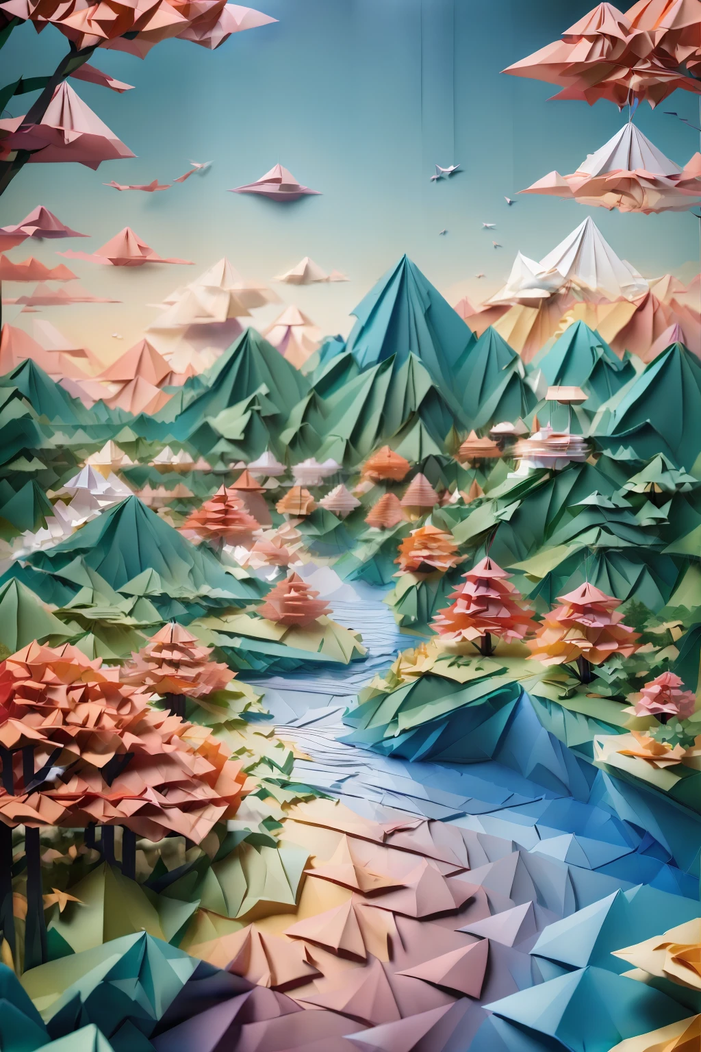 ((Highest quality)), Absurd, ((Ultra-high resolution)), origami, scenery, sunset, Very detailed, Realistic, 8k, masterpiece,origamiの不思議な世界,origami感MAX