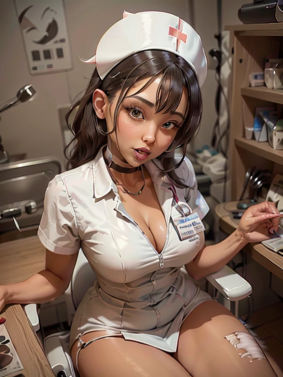 Use this last nurse avatar, more realistic looking, keep her hair jet black, with big golden eyes, but, and this is important, she must be completely nude, with absolutely no clothes whatsoever (that means no bra, panties or any other form or type of clothing, except for the nurse's headdress!). Breast size must be 58DDD, keep the narrow waist and her wide hips. Provide an operating room hospital setting, with no other human forms. Remember, NO CLOTHES WHATSOEVER except for the nurse's headdress with the red cross!