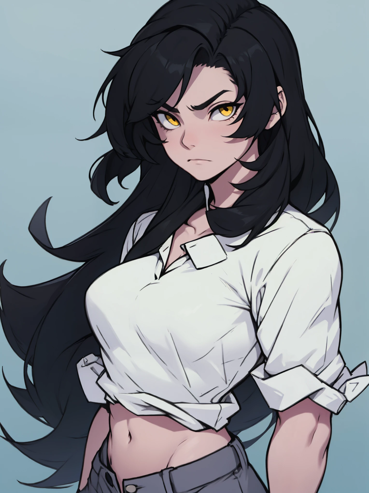1 girl, extremely long hair, solo, muscular, veins, black hair, yellow eyes, pale skin, strong, veins, abs, (huge breasts), sulking tight shirt,