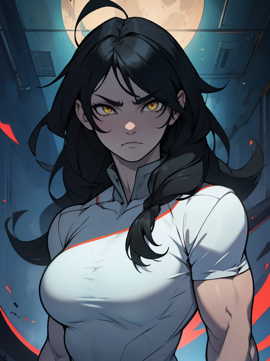 sad girl muscular muscular muscular breasts breasts breasts thick thick thick thick black hair yellow eyes pale skin pale skin thick thick thick long sleeve dark atmosphere thick thick thick thick thick thick muscular simple background sad sad sad sad tigth shirt