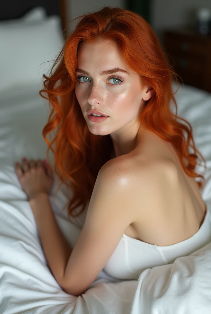 A naked redhead woman in bed