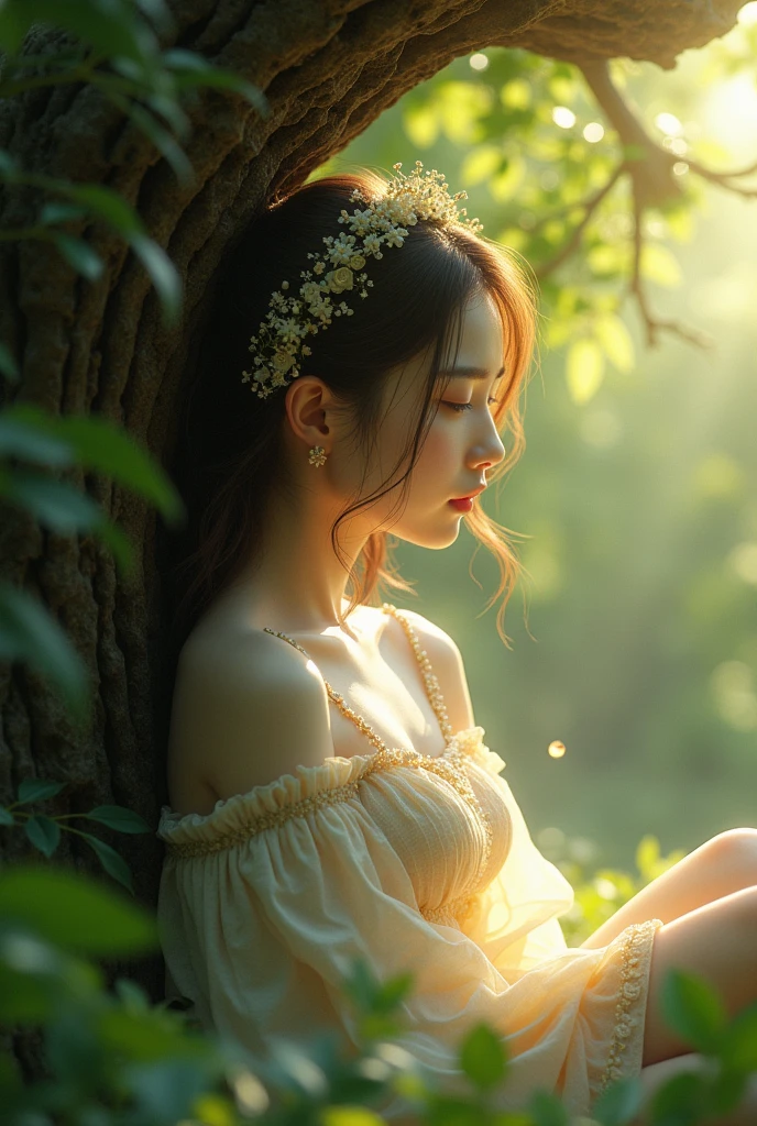 (masterpiece, Highest quality), One girl(Athena_Asamiya Palace), Cute Dresses, Long black hair, Sitting, Beautiful outdoor background, at night, forest，Highly detailed surreal VFX，OC Rendering
