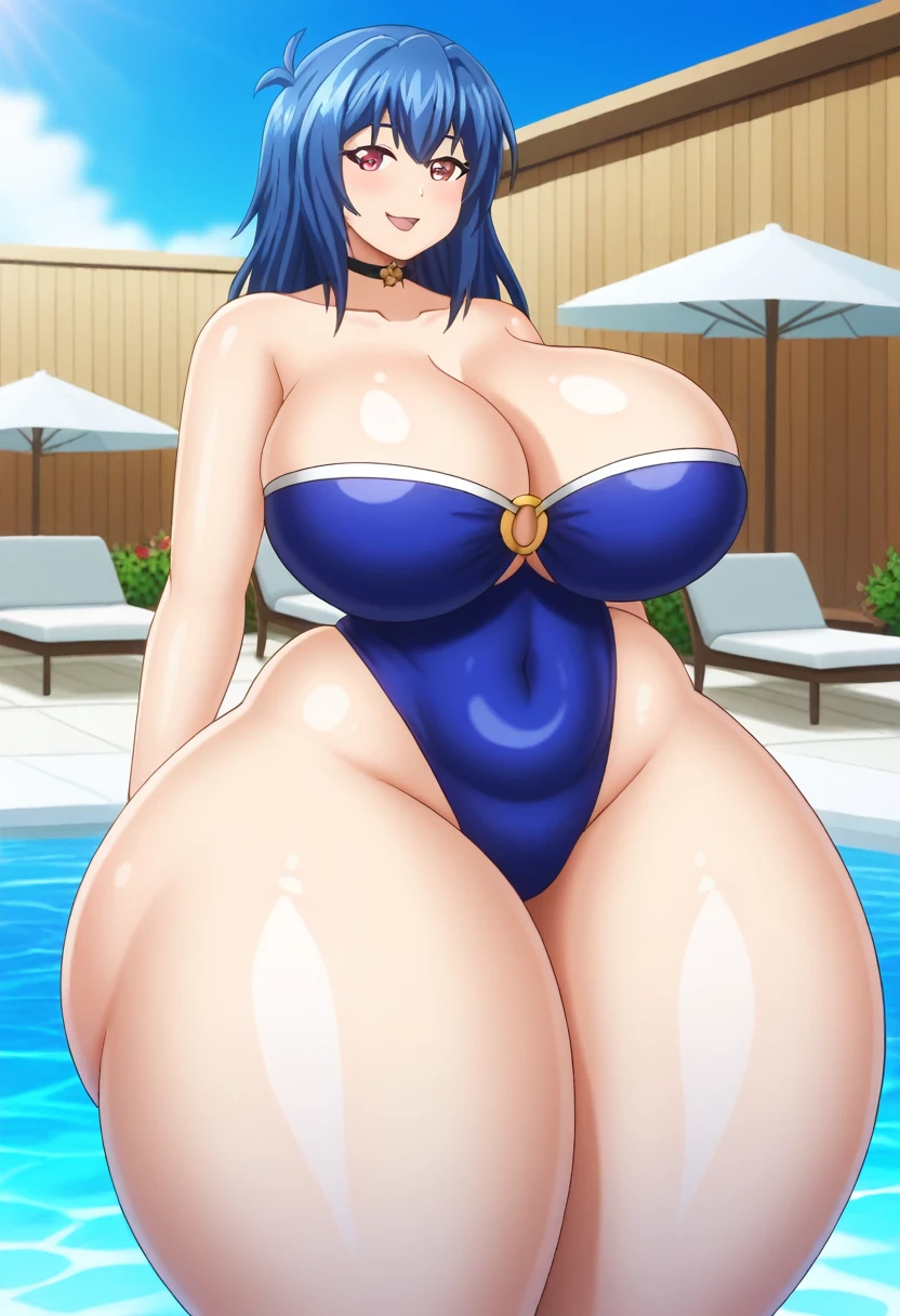 ki nijou,huge breasts,long hair,purple eyes,blue hair,wide hips,mature female(thick thighs), silly, blush, smile((ass, slid areolas, from below))(((heavy butt, big ass, huge ass, gigantic ass, thick thighs, huge thighs))) pool