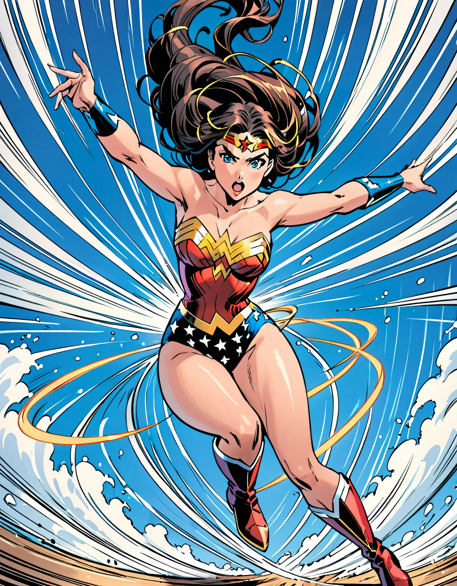 masterpiece, best quality, high res, Wonder Woman whirls into a tornado, she (cyclone spinning), she spins at super speeds, dynamic standing whirl pose, (leotard, bare legs, boots), fix hands, speed lines around her, spiral lines around her, wonder woman twirl