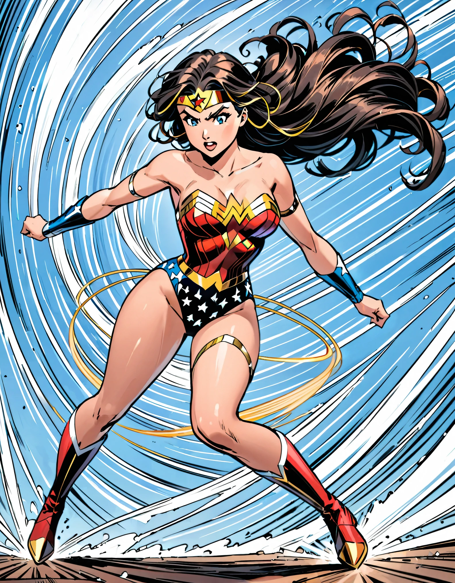 masterpiece, best quality, high res, Wonder Woman whirls into a tornado, she (cyclone spinning), she spins at super speeds, dynamic standing whirl pose, (leotard, bare legs, boots), fix hands, speed lines around her, spiral lines around her, wonder woman twirl