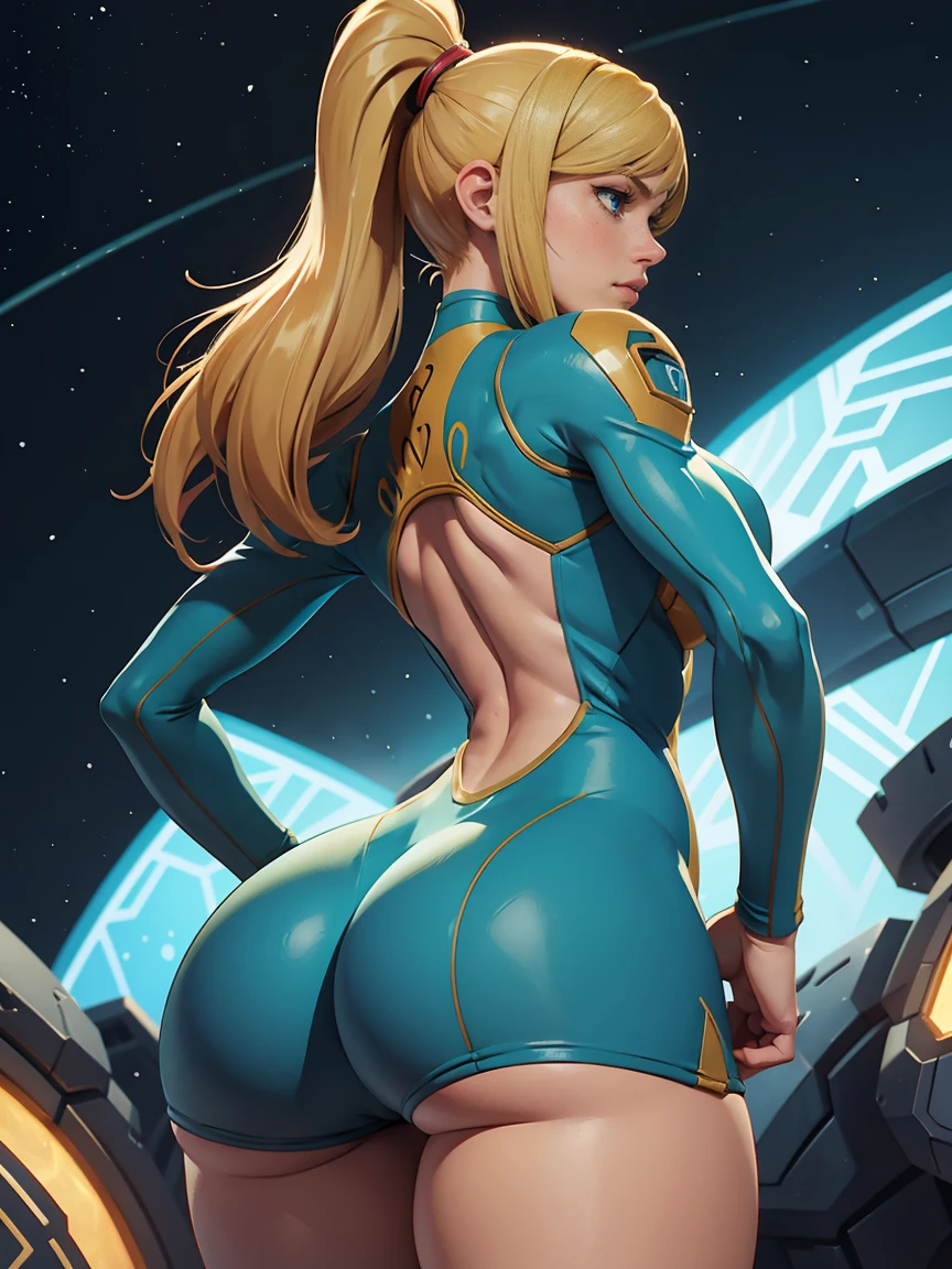 Close-up of a woman, samus aran from Metroid, on a spaceship, medium breasts, 4K quality, from behind, beautiful ass