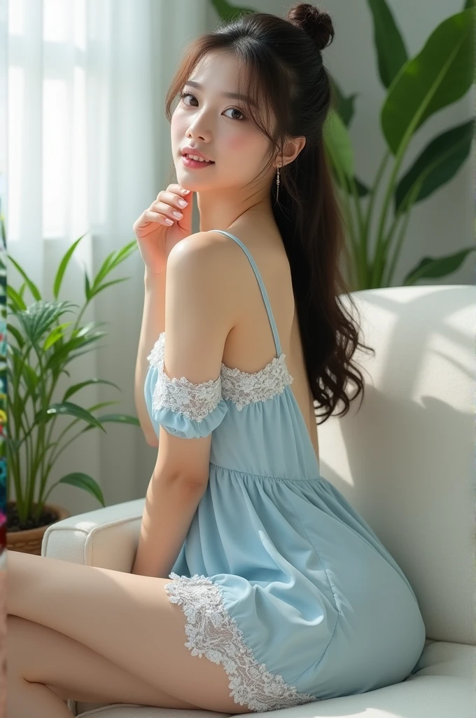 highest quality, RAW image quality, ultra high resolution, japanese girl, Girls in their 20s, small, perfect breasts, perfect skin, perfect figure, small Face, black hair, bangs, brown eyes, floral lace light blue bra, floral lace light blue shorts, shiny, luminescent, Change of clothes, pajamas, nightgown, room, bed, enjoy, rape,smile、gush、かわいいpajamas