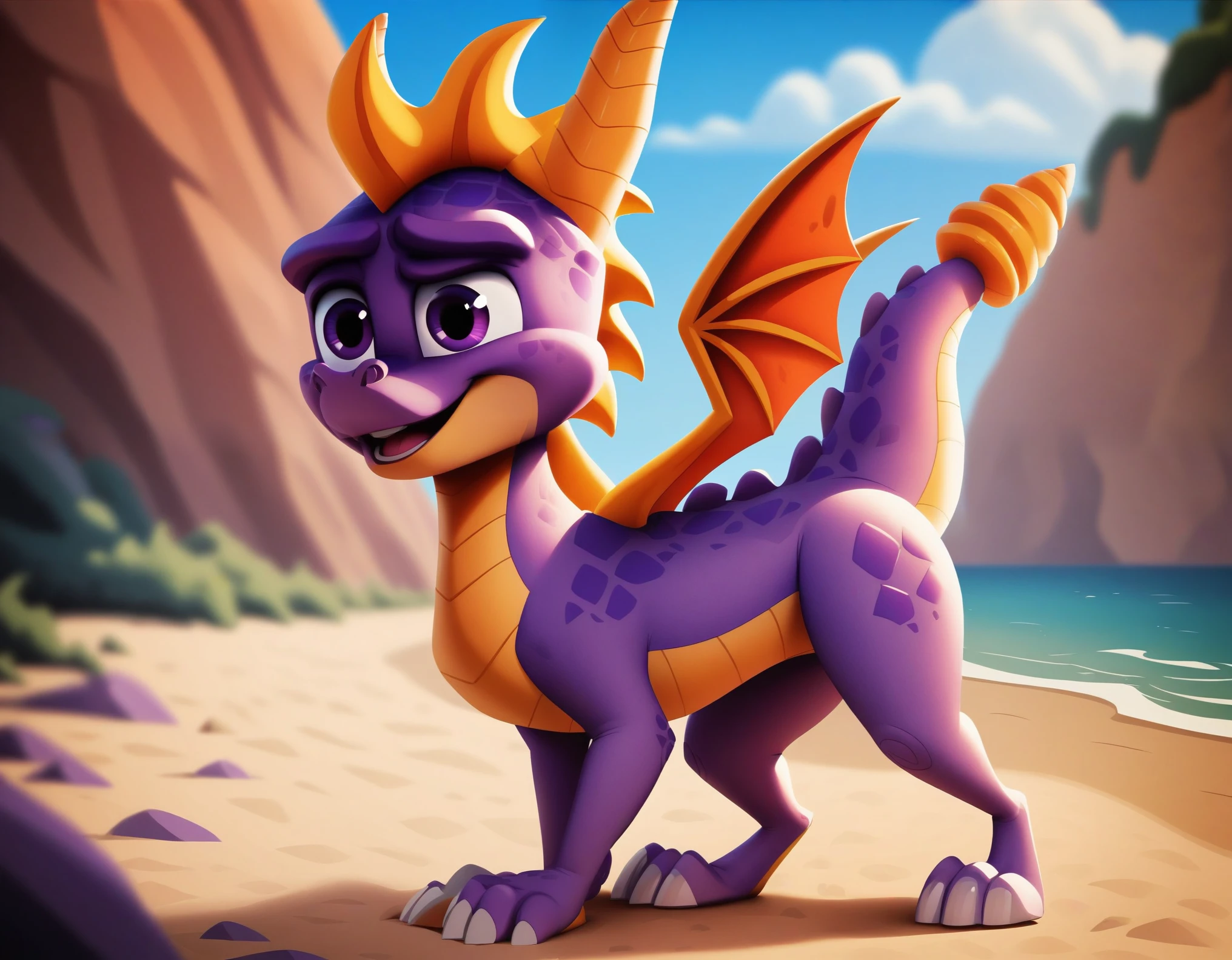 Spyro, macro, open mouth, full body, fang, sunglasses, no humans, standing, purple eyes, checkered floor, back, ((thick tail bottom))