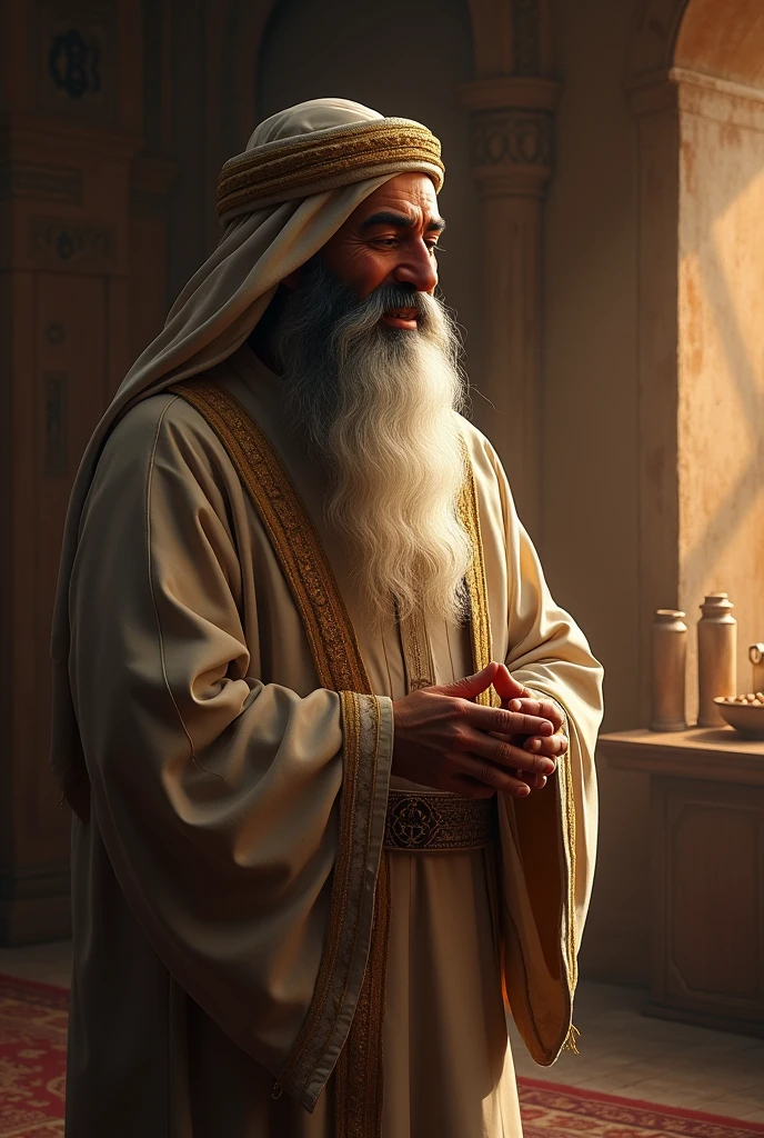 Fais moi un personnage légendaire d'apparence arabe, de 48 ans, maître du dilemme et de la devinette, tenant dans ses mains un compas et un sablier en lévitation avec des équations qui tournoient autour de lui 