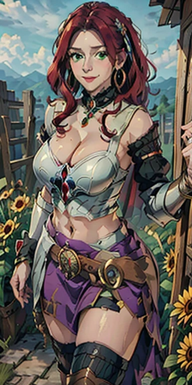 (masterpiece, Best Quality:1.4), looking at the viewer, cowboy shot, affected smile, malty melromarc, Red hair, by the wide, green eyes, exposed cleavage, huge breasts, big breasts, k cup breasts, hair ornament, earrings, jewelry, armor, armored dress, dress, separate sleeves, breastplate, purple skirt, belt, outdoor, grass, castillo,