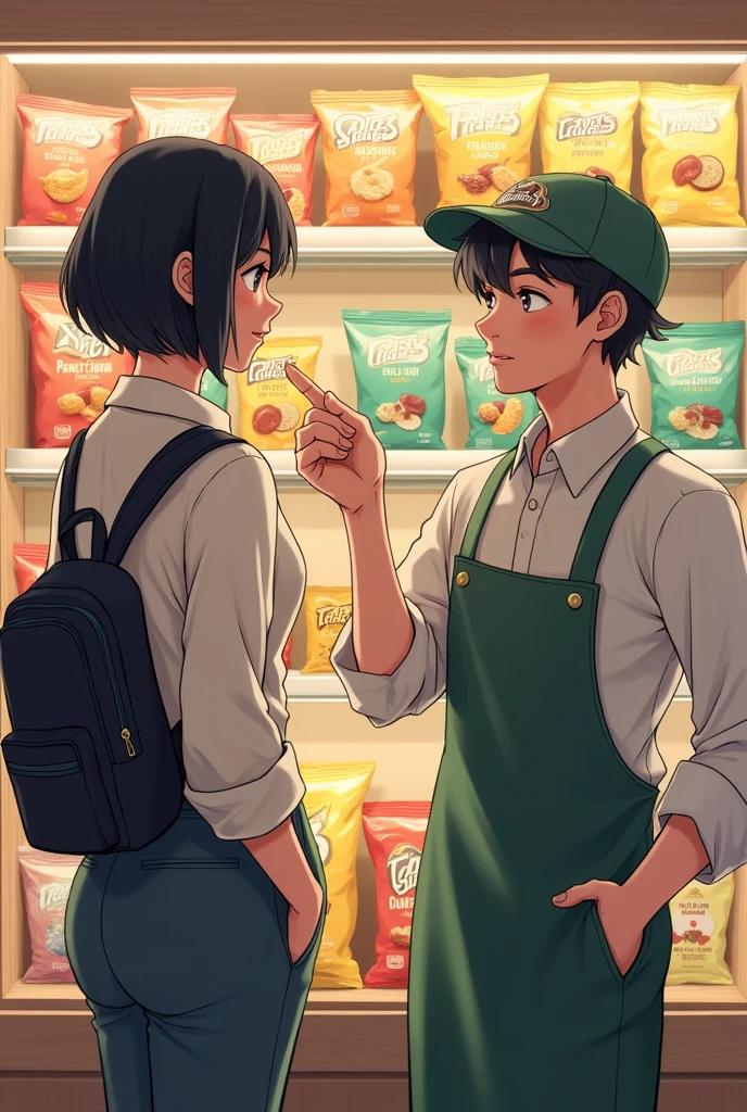 Young woman with short black hair with a bag on her back and a blouse with sleeves and pants, He walks over to a shelf full of snack options and points to a bag of chips.. She asks the shopkeeper, who is wearing a shirt with sleeves down to the elbows and a green apron, for the price of the large and small bags. 