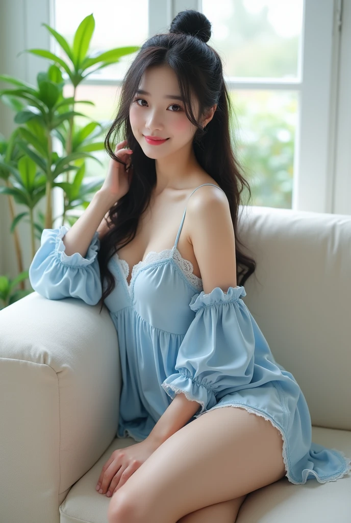 8K, Ultra-high resolution, Highest quality, masterpiece, 三分割法によるphotograph,Surreal, photograph, 1 Girl, (16 years old:1.3), pretty girl, Cute face, Beautiful eyes in every detail, 細かくdetailedに,masterpiece,, One Girl:1.2, Japan Female Announcer,full body,((very small head:1.3)),Center-parted bangs,amount,Black Hair,Long Hair,Iris,Gorgeous eyes,smile,((Toned body,Slender body,skinny)),(A very cute 20 year old young woman from Japan.),  ((Short hair with side waves and twin tails))､Small breasts､ (((Clean your hands)))，(((とても優しいsmile))), (((She is wearing navy blue and white lace panties.)))，(((She is wearing a navy blue and white knitted dress.))) ， Light on the face, 非常にdetailedな顔, 非常にdetailedな唇, Fine grain,,Glowing Skin,Shiny skin,bustling street,Climbing the stairs,Beautiful leg line beauty,Captivating thighs,Full of sex appeal,Sensual,屈託のないsmile,Heal the heart,Short ponytail、beauty,Long neck、Laugh a little、Please close your mouth and laugh、(((Ideal body type))),A cup small breasts :2,、Portraiture:2、Perfect Anatomy、鮮明なdetailed、detailed、Surreal、Light and shadow,Strong light