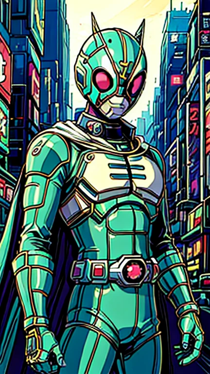 (8k),(masterpiece),(Japanese),( boy),((innocent look)),((Childish)),From the front, upper body, Cowboy shot, metal helmet, metal domino mask, white mask, robin_tt 1boy, solo,cape,Bald,No Hair, Standing, Daylight, bright, cyberpunk city,Kamen rider,camisa