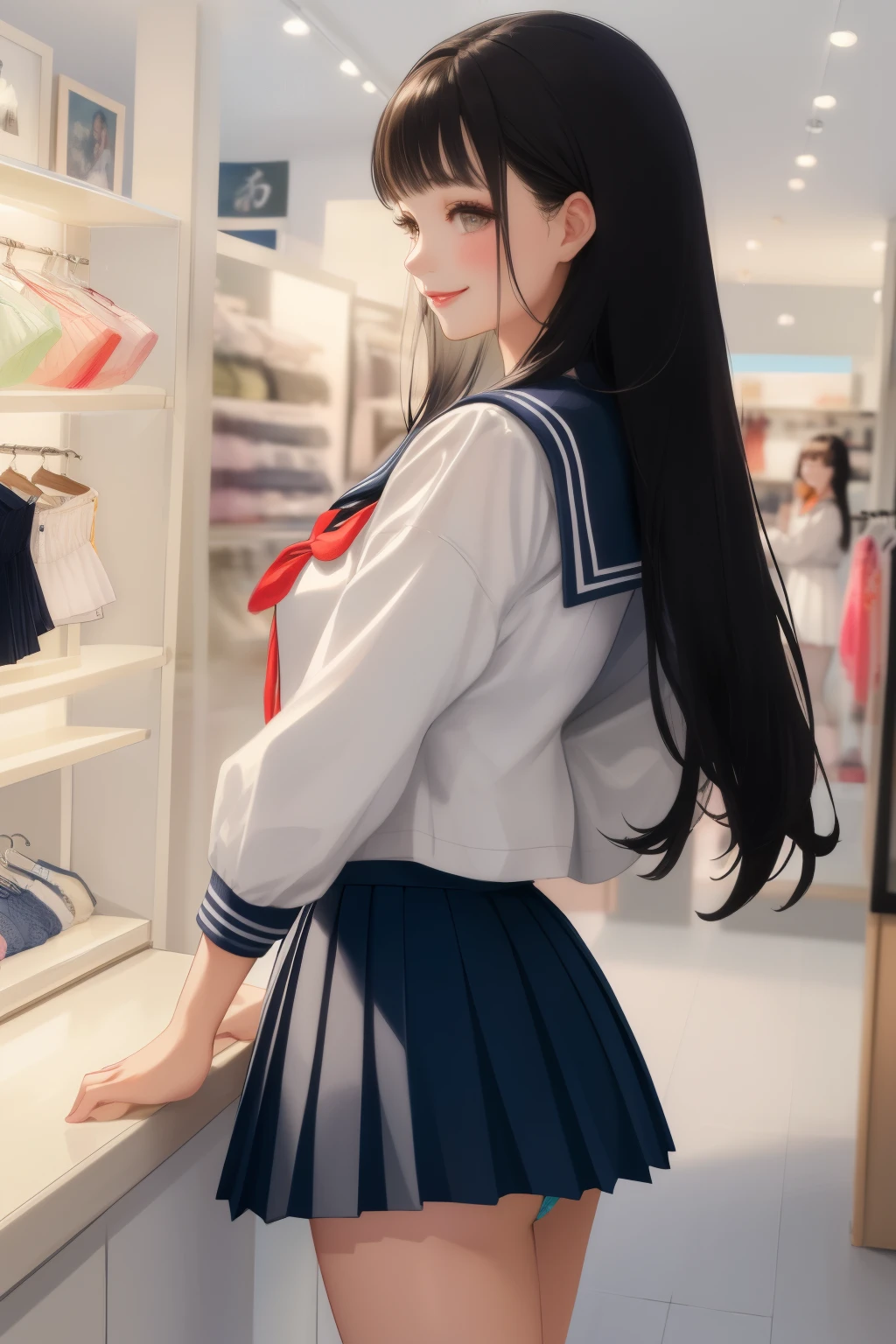 (Highest quality，32K High Resolution，masterpiece:1.2), Very detailed，One person， Young ，(ＪＣ，Sailor suit，Pleated skirt)，(Black and long straight hair)，Lingerie Shop，Product Selection，profile，smile，Hopeful，Cute underwear neatly arranged，Colorful underwear，light up，Soft and delicate texture，impressive，Bright colors彩，Delicate fabrics，Attention to detail，Beautiful attention to detail，Beautiful lip detail，Long eyelashes，Bright colors，Soft and warm color palette，