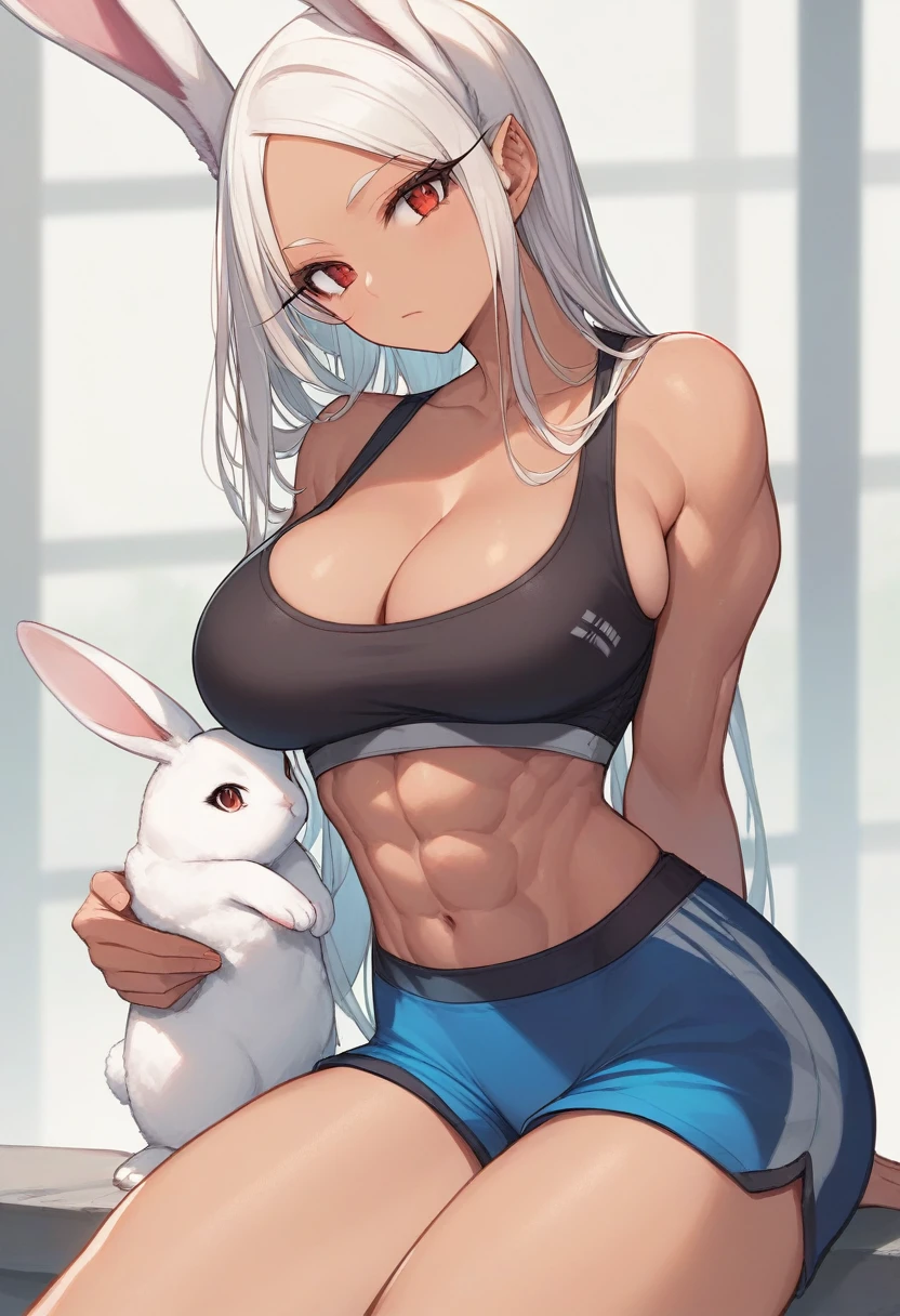 Kittew style, 1girl, breasts, animal_ears, mirko, rabbit_ears, dark-skinned_female, dark_skin, long_hair, solo, white_hair, red_eyes, rabbit_girl, cleavage, large_breasts, navel, looking_at_viewer, sports_bra, toned, shorts, thighs, long_eyelashes, parted_bangs, bangs, sportswear, midriff, black_shorts, leaning_on_object, black_sports_bra, leaning_forward, abs, arm_rest, very_long_hair, underwear, closed_mouth