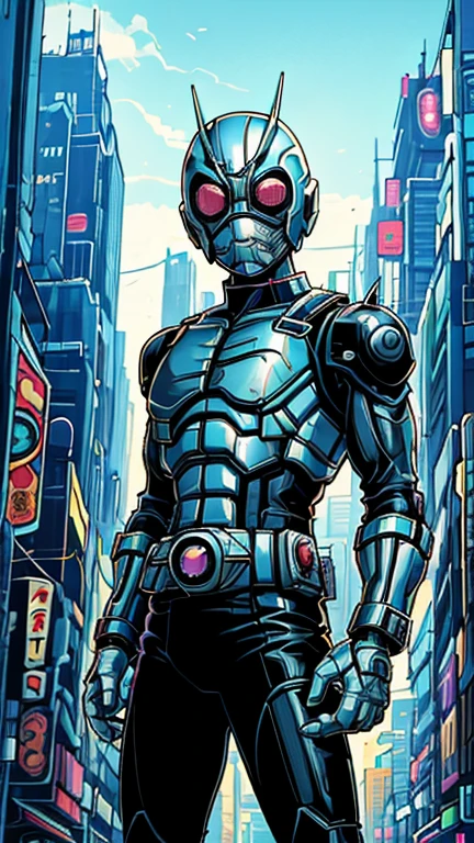 (8k),(masterpiece),(Japanese),( boy),((innocent look)),((Childish)),From the front, upper body, Cowboy shot, metal helmet, metal domino mask, white mask, beastboy,Bald,No Hair, Standing, Daylight, bright, cyberpunk city,Kamen rider,camisa