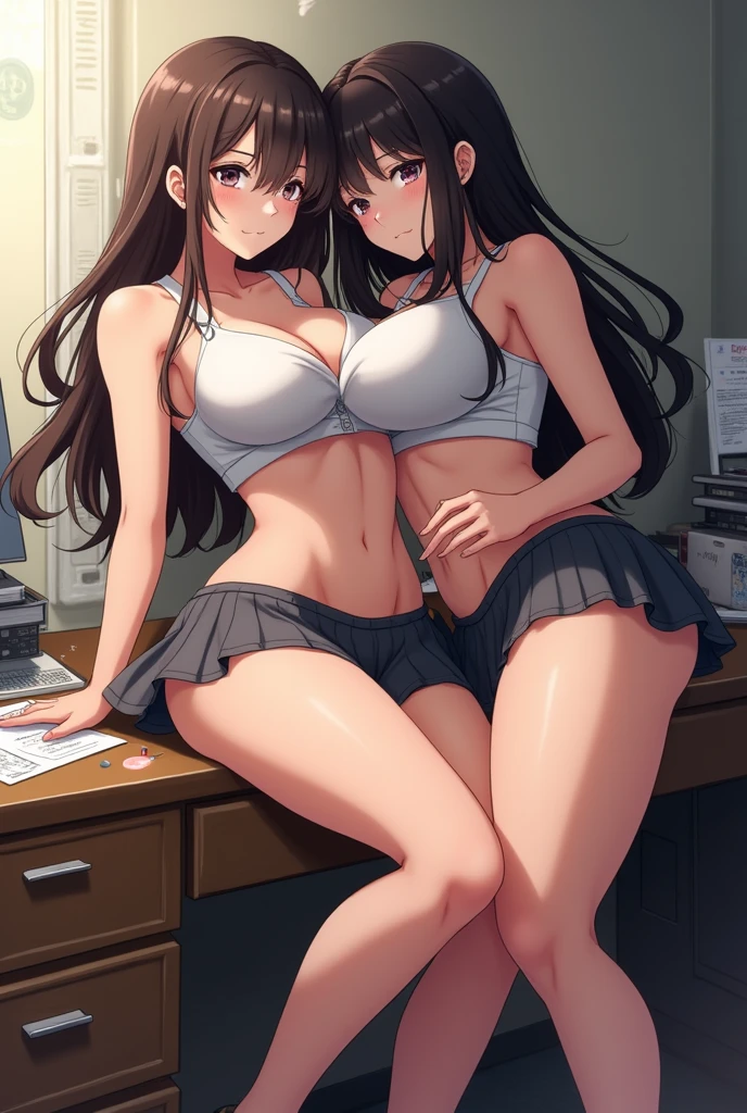 artistic illustration of two attractive females talking while behind a computer table, breasts, dark skin, brown hair, 2girls, multiple girls, dark-skinned female, red eyes, long hair, huge breasts