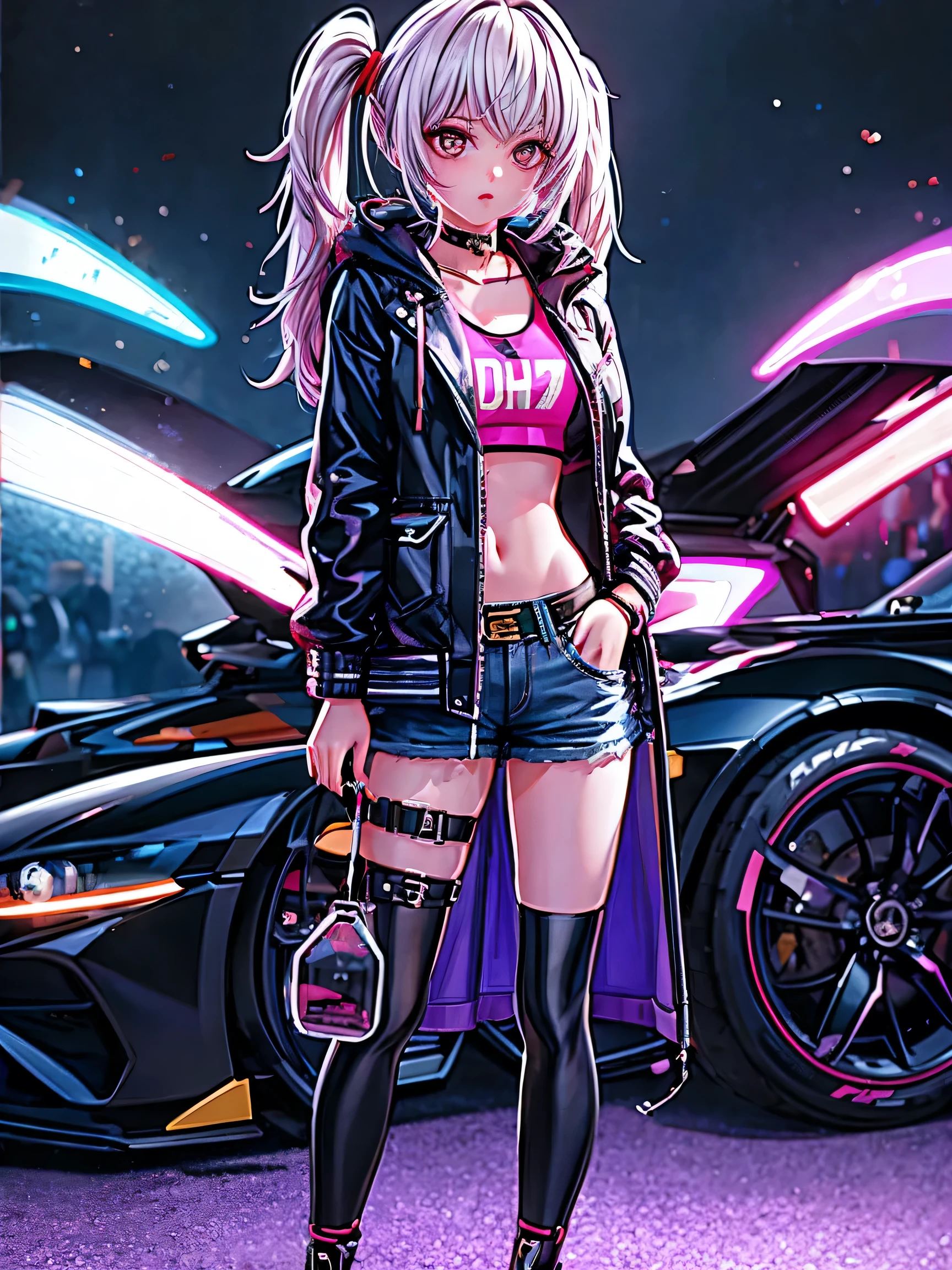 (See the streaming notes representing :1.2),  background, cyber punk background, cyber punk, get out of a sports car, neon lighting effect, neon lighting effect, line neon,1 girl, night, Blurred background, Brown eyes, cowboy, Denim jacket, Written boundary depth, Put your hands in your pockets, Upper Body, Oblique body, In the ass, have, hoodie, coat, jeans, lips, Looking at the audience, neon, Open clothes, Open jacket, slightly lifted lips , rainbow, shirt, alone, Are standing，(Exquisite and perfect attitude:1.3)，(dream)，( masterpiece, Accurate, Anatomically correct, Textured skin, Attention to detail, high quality, Award-winning, 4K)