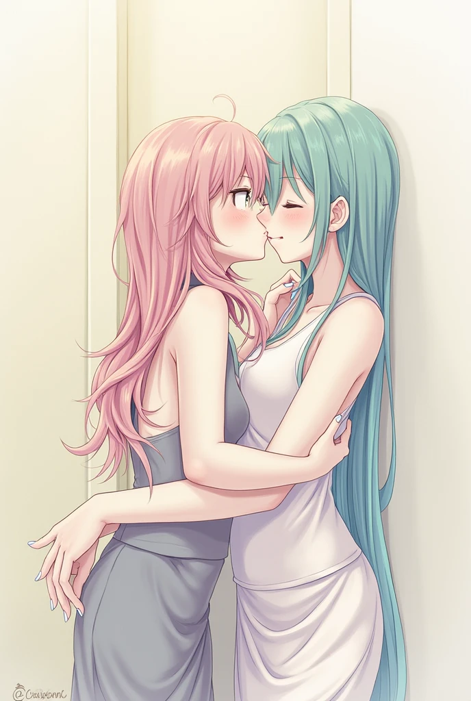 2girls, one person has long green hair, Blue eyes.., The other one has long pink hair..........., Purple eyes.........., High quality, a couple , Girls love girls........................., Yuri ,beautiful  Girl, lesbian, Lovers ,. Koi., . expression of love. Lovers. date. , Bedroom ,kiss,At night, Pajama, Shy girl, caress , Plump body , large boob