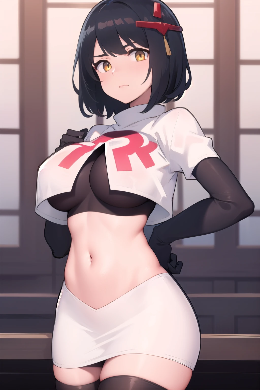 Kujou Sara Genshin, golden eyes,masterpiece, bestquality, 1girls, oversized breasts, head ornament,team rocket,team rocket uniform,white skirt,red letter R,crop top,black thigh-highs,black elbow gloves