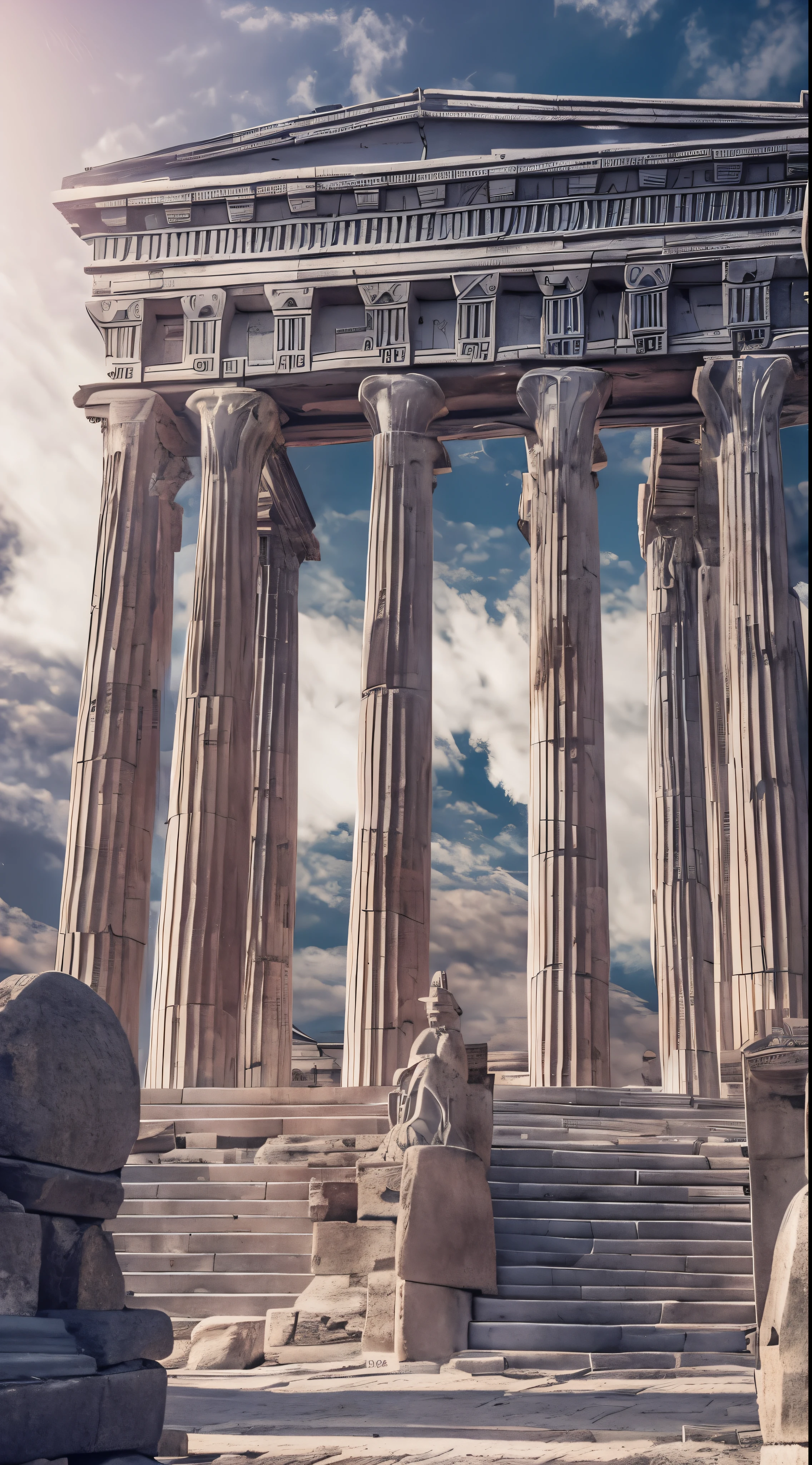 with high definition images，Greek God々、Complicated costumes、A magnificent reality、Full body high quality images、beautiful、Cinematic、Insane Details、Super detailed、Bright impression、Facial details、Sacred Space、Huge group of buildings、Stone pillars, a megalithic gate and the parliament building in the background