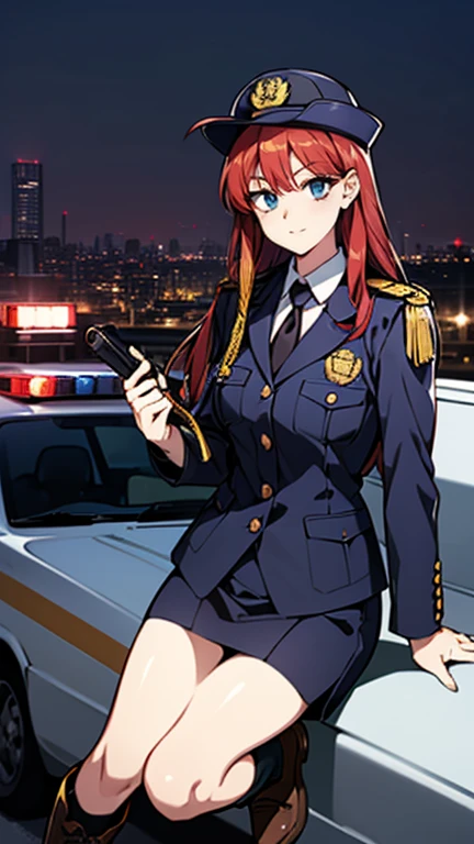 Highest quality、masterpiece、8k、Realistic、超High resolution、Very delicate and beautiful、High resolution、Cinema Lighting、medium range shooting、Portraiture、Perfect female body、Beautiful woman、Mature Woman、Turn over the documents、Reading the documents、Large Breasts、Cityscape、(Long Straight Hair、Ahoge、Red Hair)、((Female police officer:1.4、uniform、limited cap、uniformボタン、tie、uniform jacket))、Police Vehicles、Baton、handcuffs、wireless、Best、Leather shoes、Name tag、uniformパッチ、Bulletproof Best、Police Badge、Micro Mini Skirt、boots、gun、Police Badge、Epaulettes、uniform Micro Mini Skirt